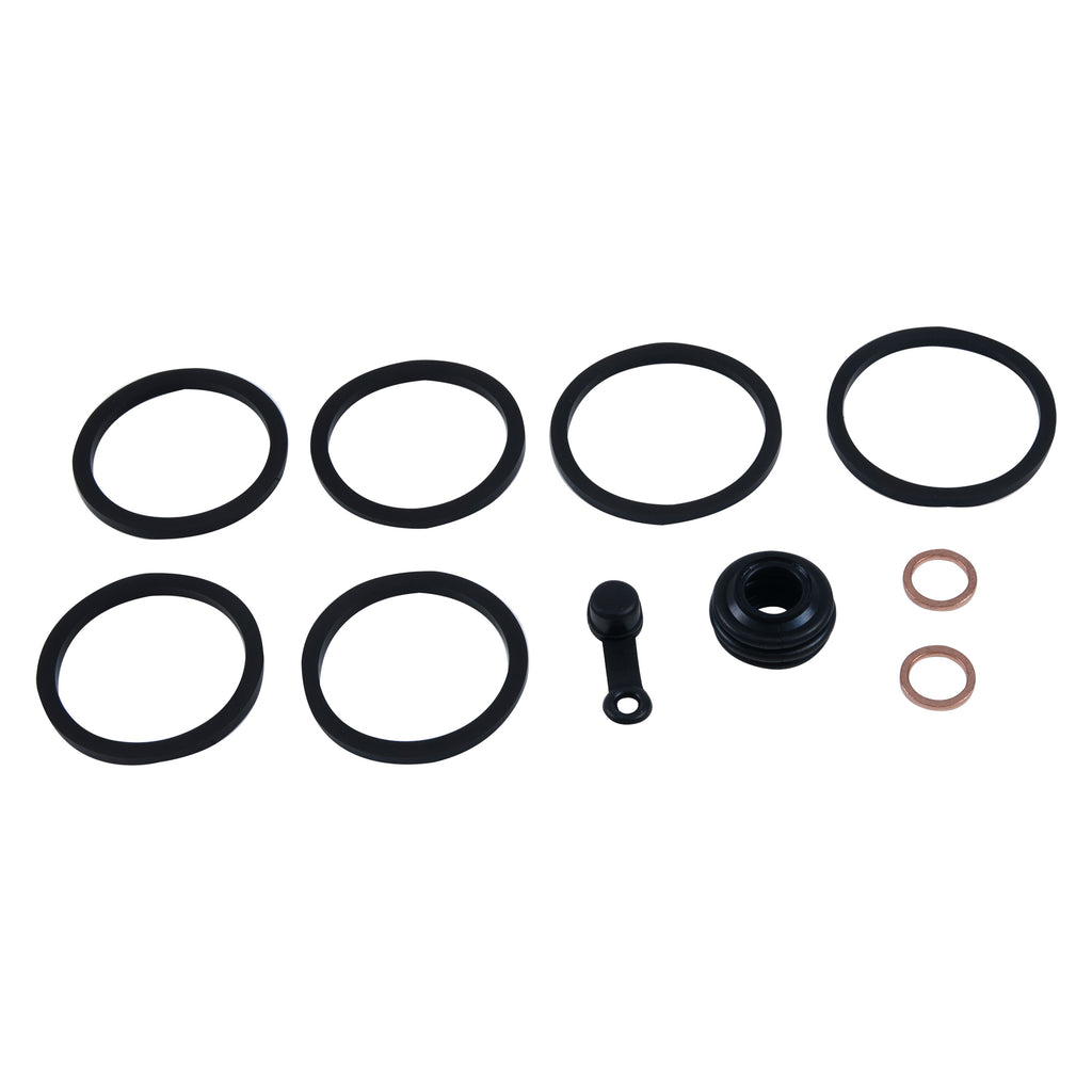 All Balls caliper rebuild kit for brake repairs, showing various seals and components on a clean workspace.