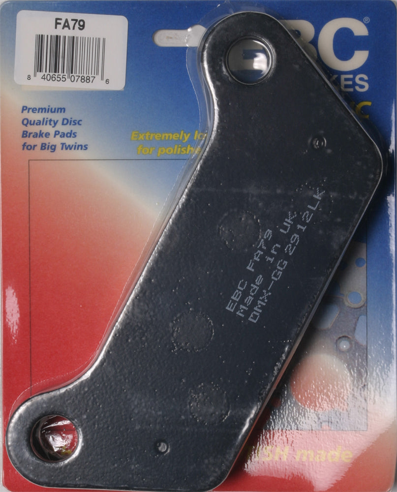 EBC Motorcycle Brakes Fa79 Organic brake pads for motorcycles, showing two black brake pads with metal backing plates.