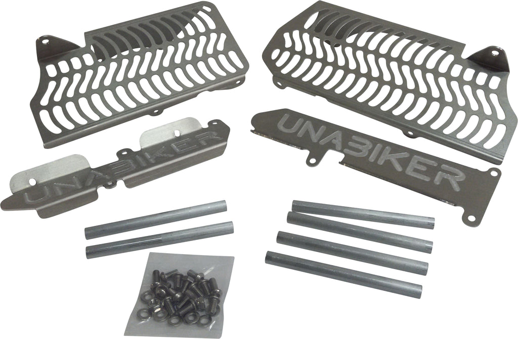 Unabiker Radiator Guard in natural finish, showcasing protective metal grille for motorcycle cooling system.