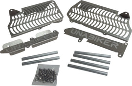 Unabiker radiator guard in natural finish, designed for motorcycle cooling system protection, shown on the product.