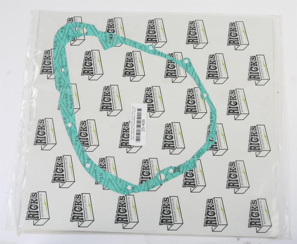 Ricks Motorsport Electric stator cover gasket for motorcycle engine, showing the gasket's detailed rubber seal and metal edges.