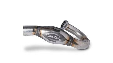 FMF Racing S/S M-Bomb Header exhaust with polished stainless steel finish and detailed welds, designed for motorcycle performance.