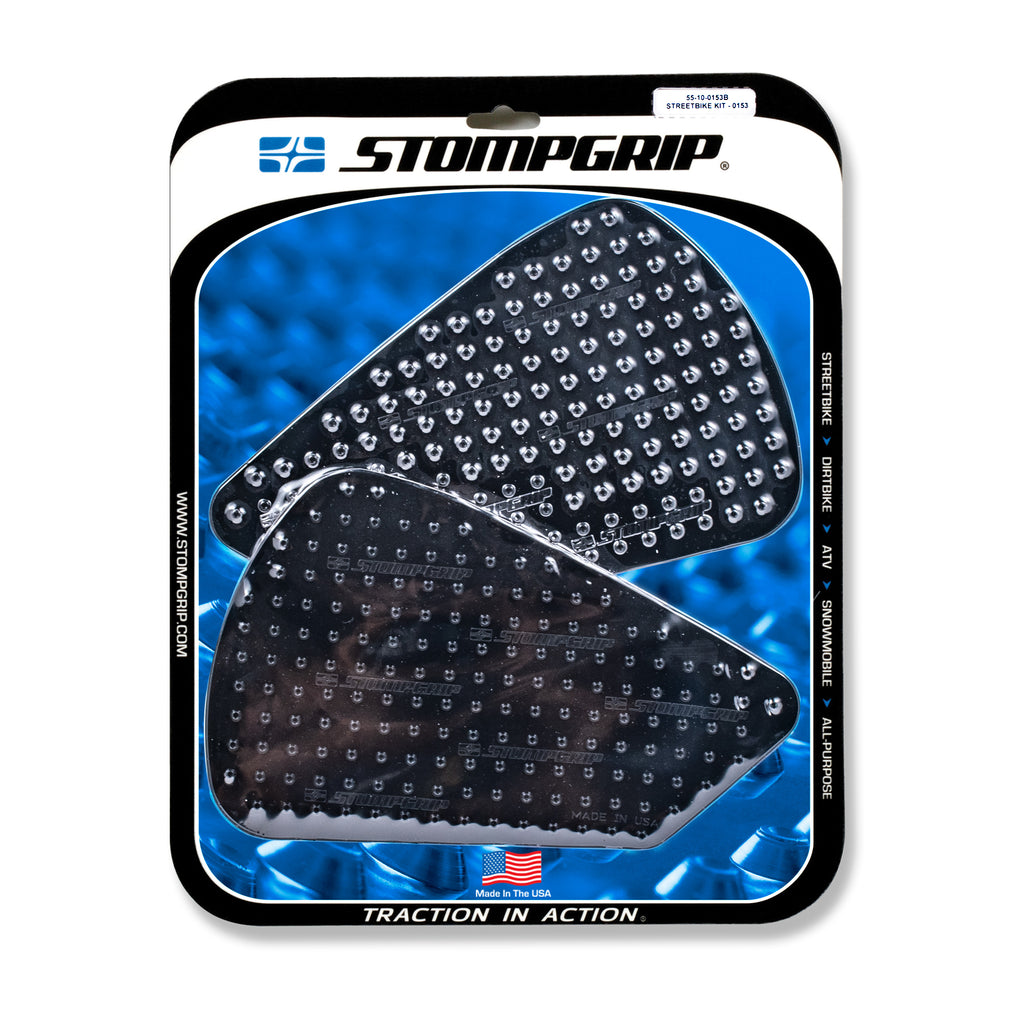 Stompgrip Tank Pad Kit Volcano Black for motorcycle body protection, featuring black textured rubber pads with branding details.