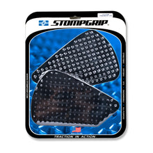 Load image into Gallery viewer, Stompgrip Tank Pad Kit Volcano Black for motorcycle body protection, featuring black textured rubber pads with branding details.