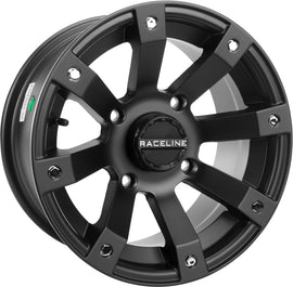 Raceline Scorpion black 12x7 inch wheel with 4/156 bolt pattern and 4+3 offset, featuring a +5mm offset design.