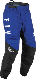 Fly Racing Youth F-16 pants in blue, grey, and black, size 20, featuring durable motorcycle riding gear design.