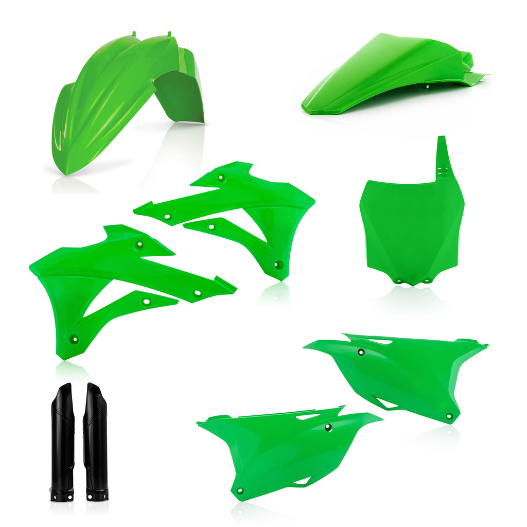 Acerbis full plastic motorcycle kit with black and white panels, designed for Kaw original models, showing assembled parts.