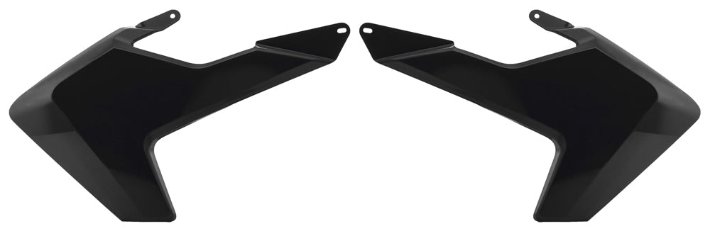 Black Acerbis radiator shrouds for motocross bikes, with sleek, durable design and brand logo on the side.