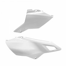 Load image into Gallery viewer, White Polisport Plastics side panels for Suzuki DR400, restyle body parts, shown on a motorcycle.