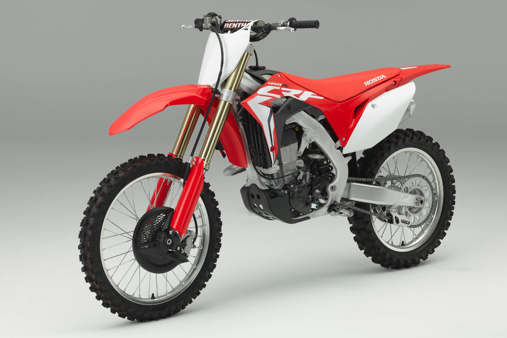 New Ray Toys 1:12 scale Honda CRF450R race bike replica in red, detailed motorcycle model with accessories.