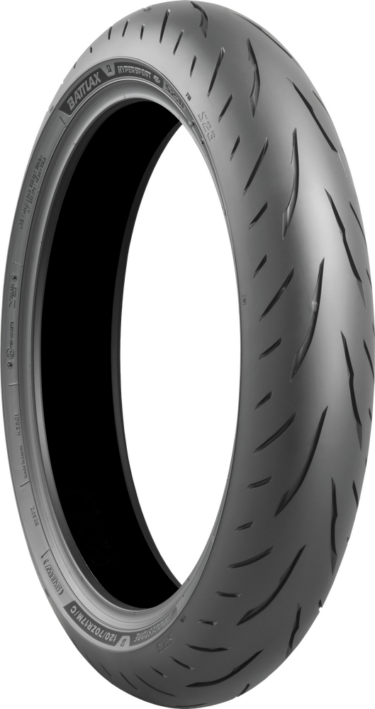 Bridgestone Battlax Hypersport S23 F motorcycle tire, 110/70R17 54H radial tubeless mounted on wheel.