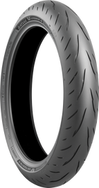 Bridgestone Battlax Hypersport S23 F motorcycle tire, 110/70R17 54H radial tubeless mounted on wheel.