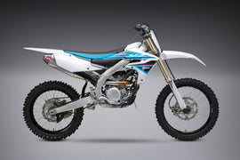 Yoshimura RS-4 exhaust slip-on with stainless steel, aluminum, and carbon fiber end cap, featuring header and canister components.