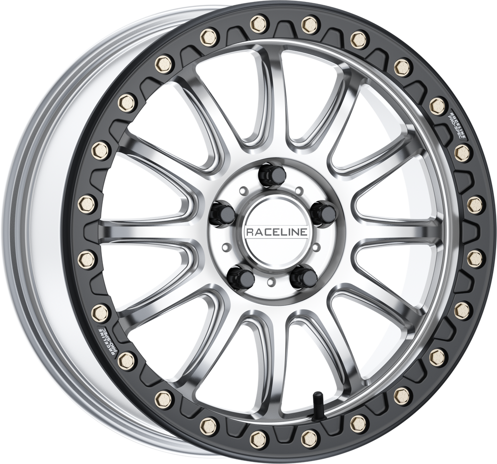 Raceline Alpha Bdlk 17x7 silver and black alloy wheel with 5-lug 4.5-inch bolt pattern and +40mm offset.