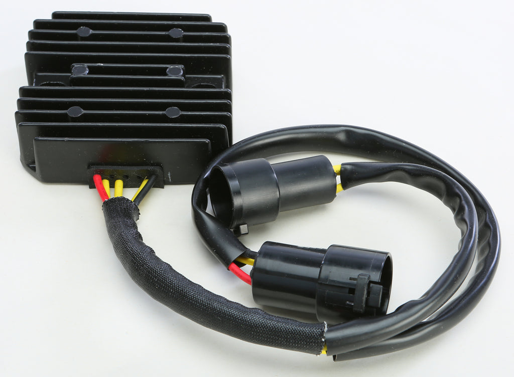 Ricks Motorsport Electric regulator and rectifier for motorcycle electrical systems, shown in a close-up view.