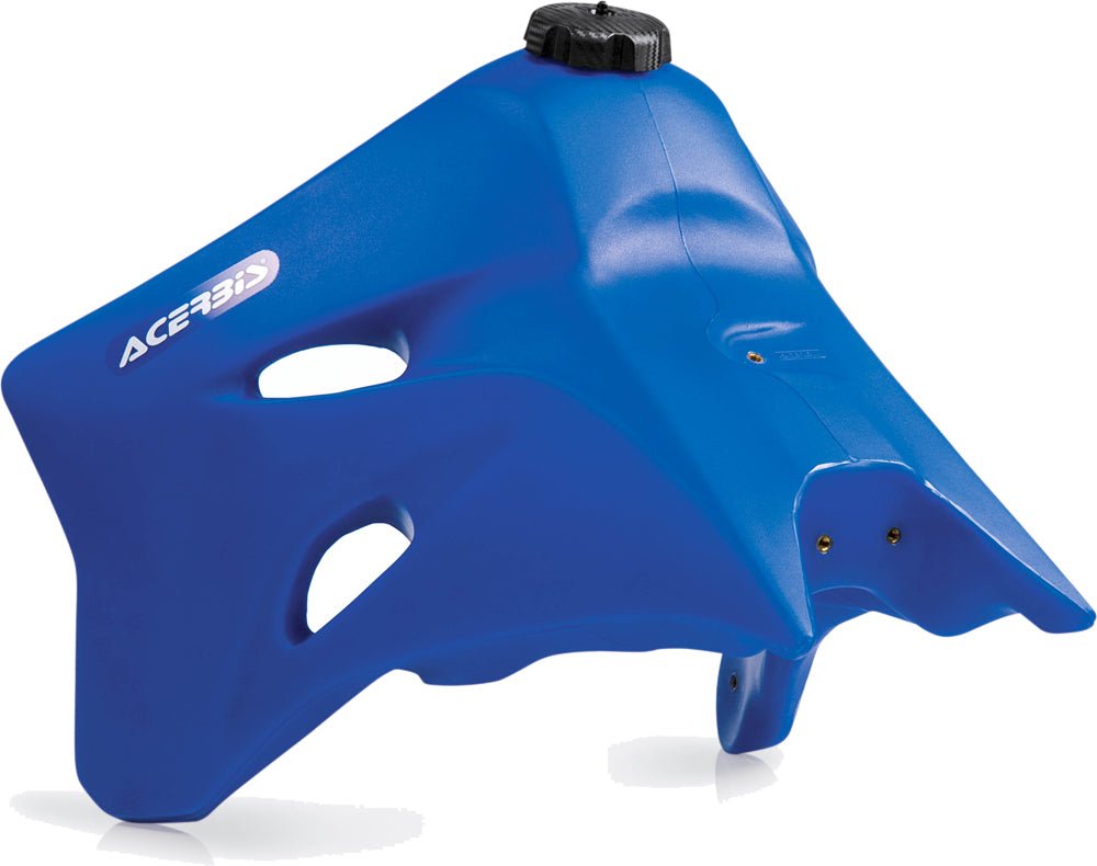 Acerbis 3.3-gallon blue off-road fuel tank with black cap and mounting features, designed for dirt bikes and motocross vehicles.