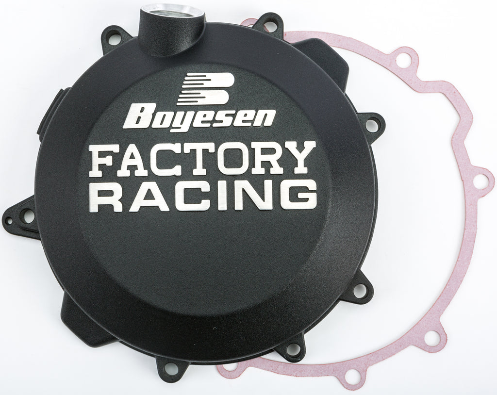 Black Boyesen Factory Racing Clutch Cover for motorcycles, featuring a sleek design and durable construction.