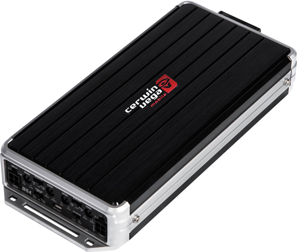 Cerwin-Vega 90x4 RMS 4-channel car amplifier with 165W at 2 ohms and 90W at 4 ohms, shown with input and output connections.