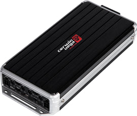 Cerwin-Vega 90x4 RMS 4-channel car amplifier showing control knobs and input connections on a black metal panel.