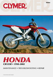 Clymer repair manual for Honda CR125 motorcycle, showing detailed pages and diagrams for engine and maintenance procedures.