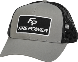Fire Power curved bill hat in grey and black, showcasing the stylish, adjustable baseball cap with a curved brim.
