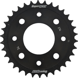 Supersprox steel rear sprocket with 34-tooth for 420 chain, black finish, durable motorcycle sprocket in close-up view.