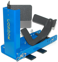 Load image into Gallery viewer, Condor Scooter Chock 290-01005 for trailer towing, showing the sturdy black wheel lock and mounting hardware for secure scooter transportation.