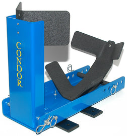 Condor Scooter Chock 290-01005 for trailer towing, showing the sturdy black wheel lock and mounting hardware for secure scooter transportation.