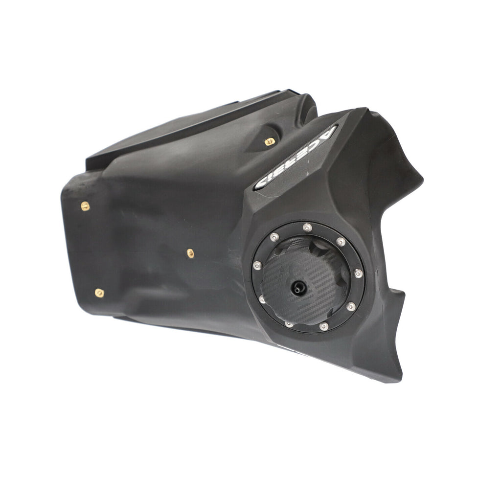 Acerbis 3.2-gallon black fuel tank for Yamaha motorcycles, featuring a sleek design and durable construction.