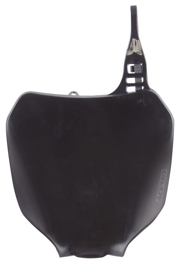 Acerbis front number plate for motorcycle, black plastic with mounting holes, designed for off-road or motocross bikes.