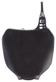 Acerbis front number plate for motorcycle, black plastic with mounting holes, designed for off-road or motocross bikes.
