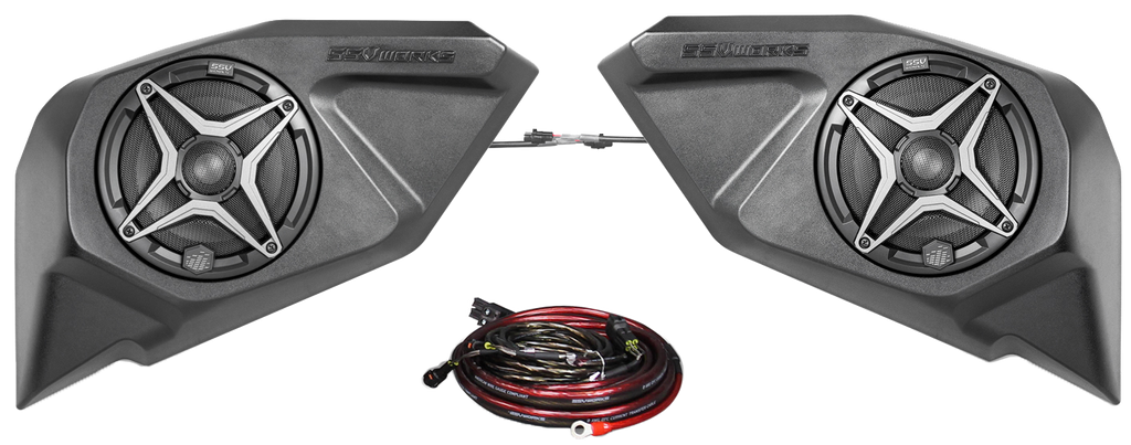 SSV Works rear door speaker pods for off-road vehicles, shown installed on vehicle doors in a close-up view.