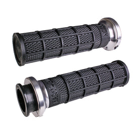 ODI Grips Lock-On Hart-Luck Full-Waffle black and silver motorcycle handlebar grips, 1-inch size with secure locking mechanism.