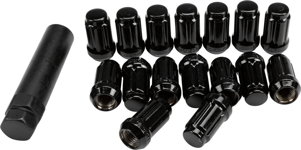 Black AWC lock style lug nuts with key, 12mm x 1.50 thread size, shown with 16 pieces on a wheel.