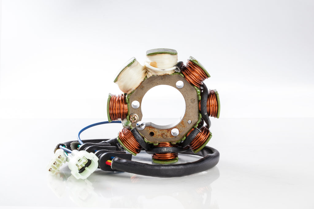 Ricks Motorsport Electric Stator 27-21624 for motorcycle electrical systems, showing the coil and mounting points.