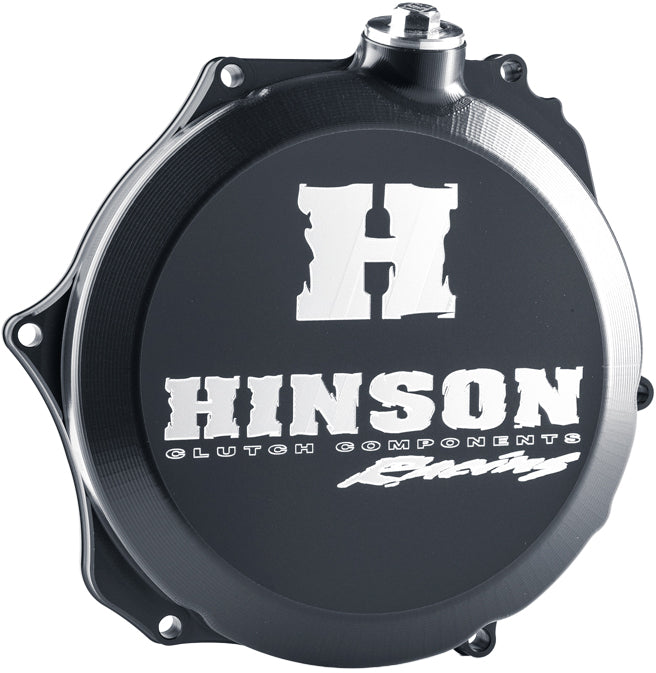 Hinson Billetproof Clutch Cover for engine, showing the metallic billet construction with engraved brand logo and mounting holes
