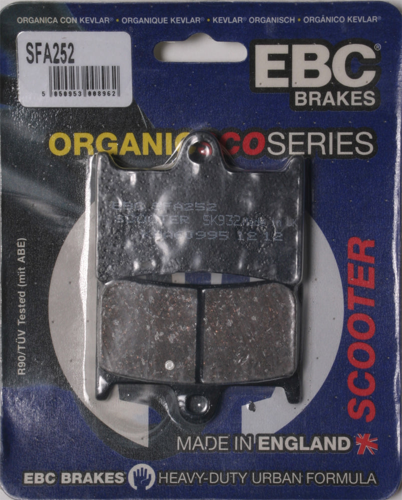 EBC Motorcycle Brakes Sfa252 Organic brake pads showing their black friction material and metal backing plate for motorcycle braking systems.