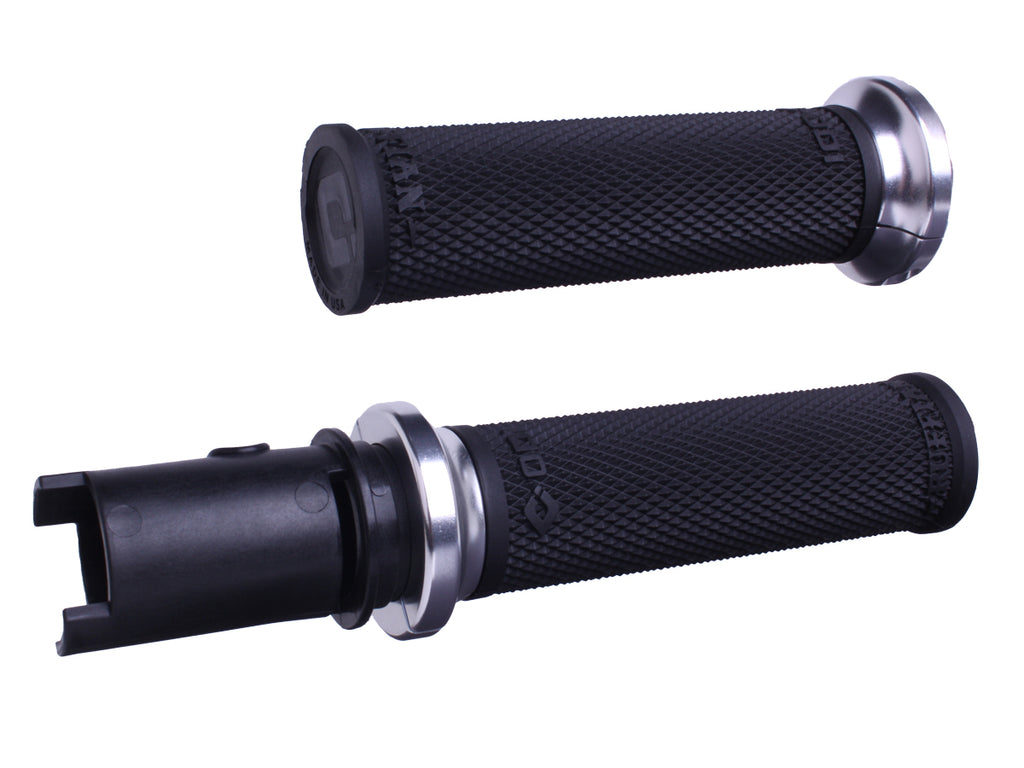 ODI Grips Lock-On Hart-Luck Full-Waffle black and silver motorcycle grips, with textured pattern for secure handling.