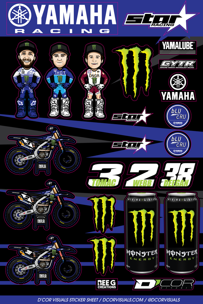 DCOR Yamaha decal sheets with graphic stickers, featuring various designs for motorcycle customization.