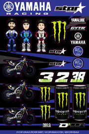 DCOR Yamaha decal sheets with graphic stickers, featuring various designs for motorcycle customization.