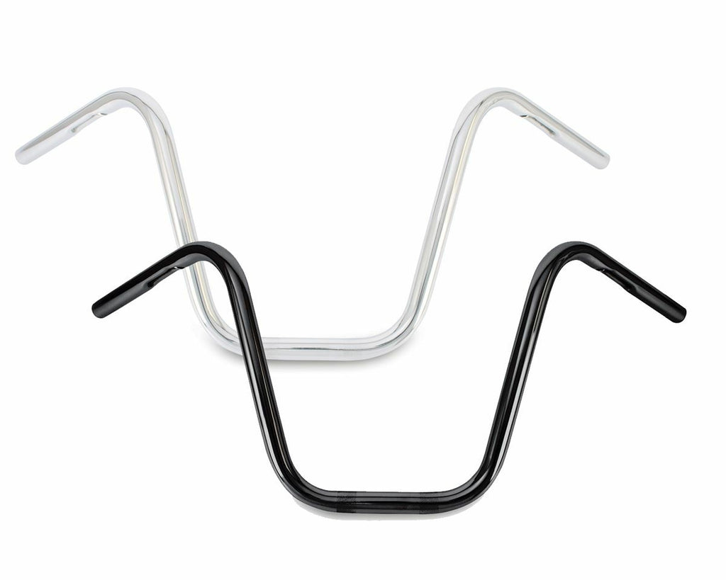 Black 12-inch Burly Brand narrow apehangers motorcycle handlebars with 1-inch diameter, shown on a bike.