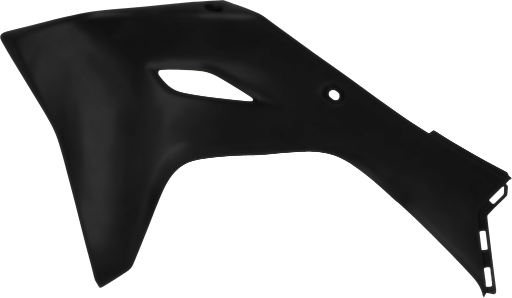 Acerbis black radiator shrouds for Kawasaki motorcycles, body panel with sleek design and brand logo, part number 29835-20001.