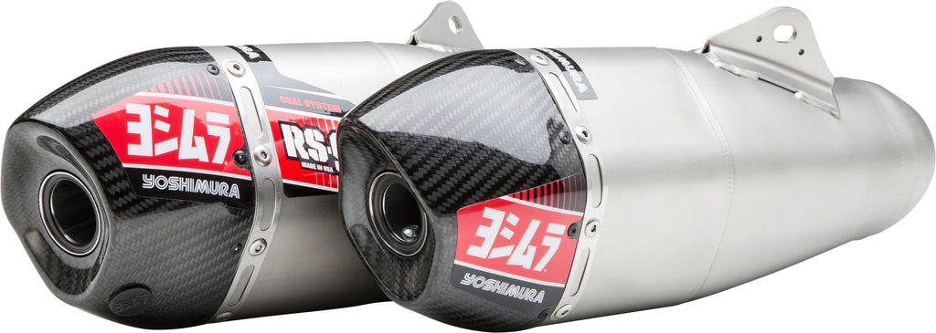 Yoshimura RS-9 exhaust slip-on canister with stainless steel end cap, showcasing its sleek, polished metal finish.