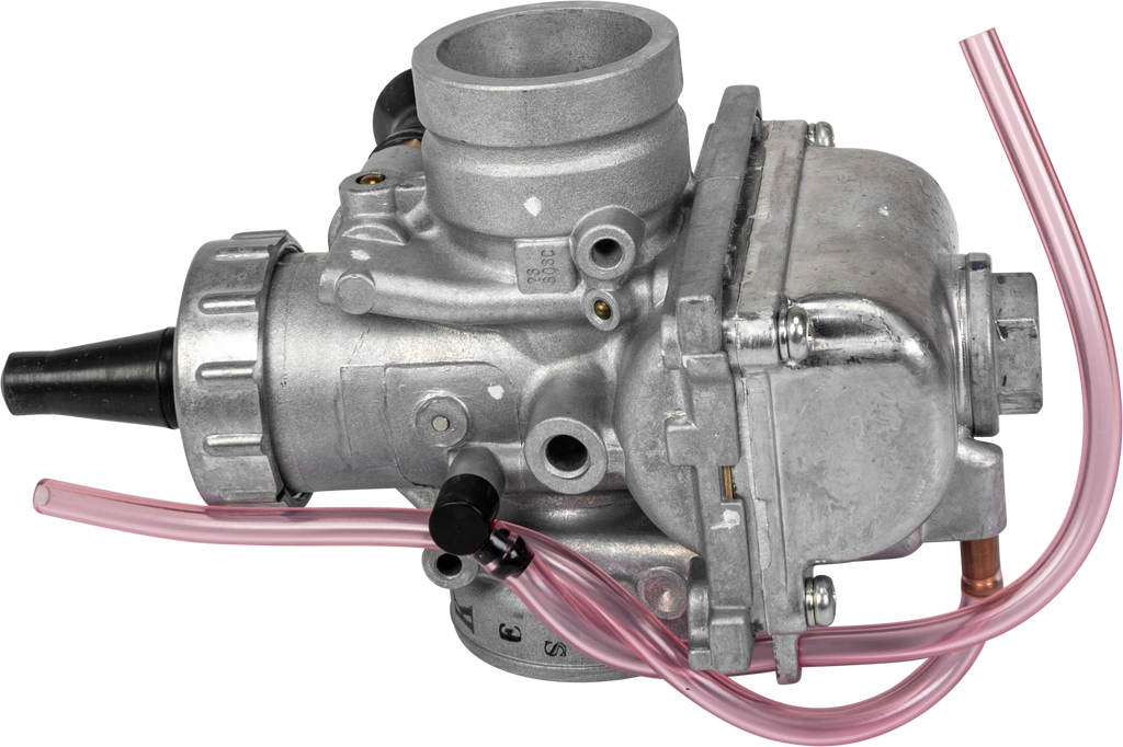 Mikuni VM Series round slide carburetor for 4-stroke engines, showing the fuel and intake components with brand markings.
