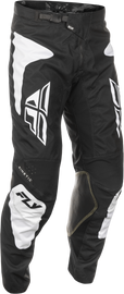 Fly Racing Kinetic Sym pants in black and white, size 32, showing durable fabric and sleek design for motocross riding.