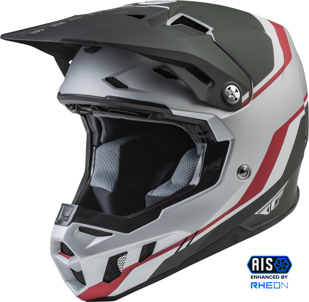 Fly Racing Formula CC driver helmet in matte silver, red, and white, size small, featuring aerodynamic design and racing graphics.