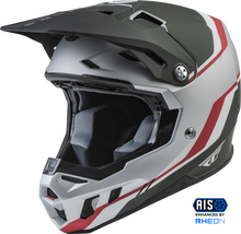 Load image into Gallery viewer, Fly Racing Formula CC driver helmet in matte silver, red, and white, size small, featuring aerodynamic design and racing graphics.