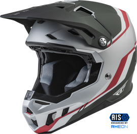 Fly Racing Formula CC driver helmet in matte silver, red, and white, size small, featuring aerodynamic design and racing graphics.