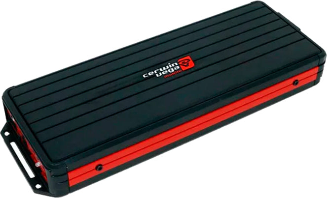 Cerwin-Vega 150x6 RMS 6-channel car amplifier with heatsink and control knobs, designed for audio and communication systems.