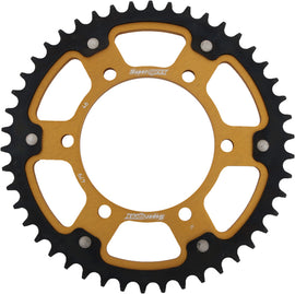 Supersprox rear stealth aluminum and steel 46-tooth off-road motorcycle sprocket for Yamaha 530 chain, shiny gold finish.